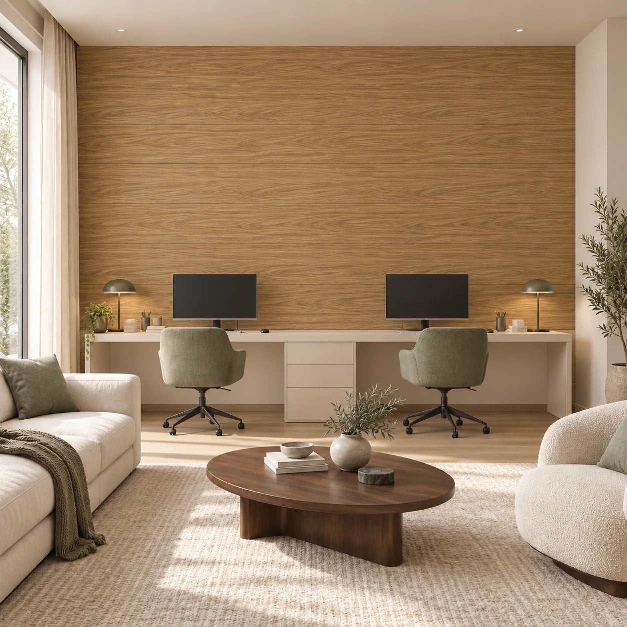 Wood Brandy wall panels in a bright contemporary home office with warm wood finish