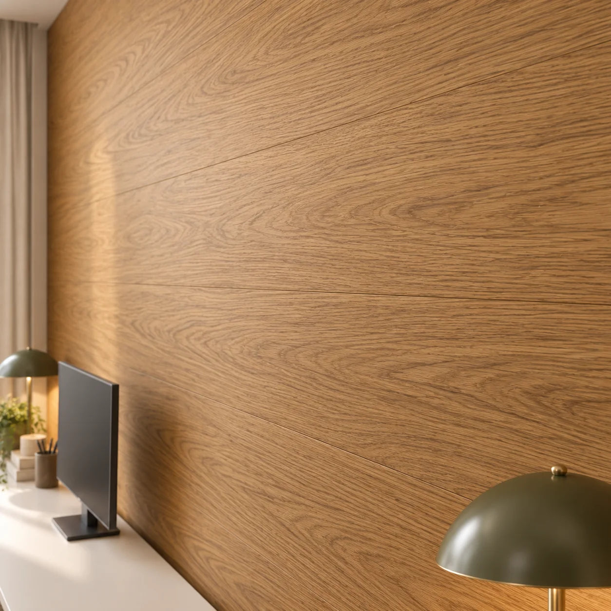 Close up view of Wood Brandy decorative wall panels with warm natural wood grain in a modern home office
