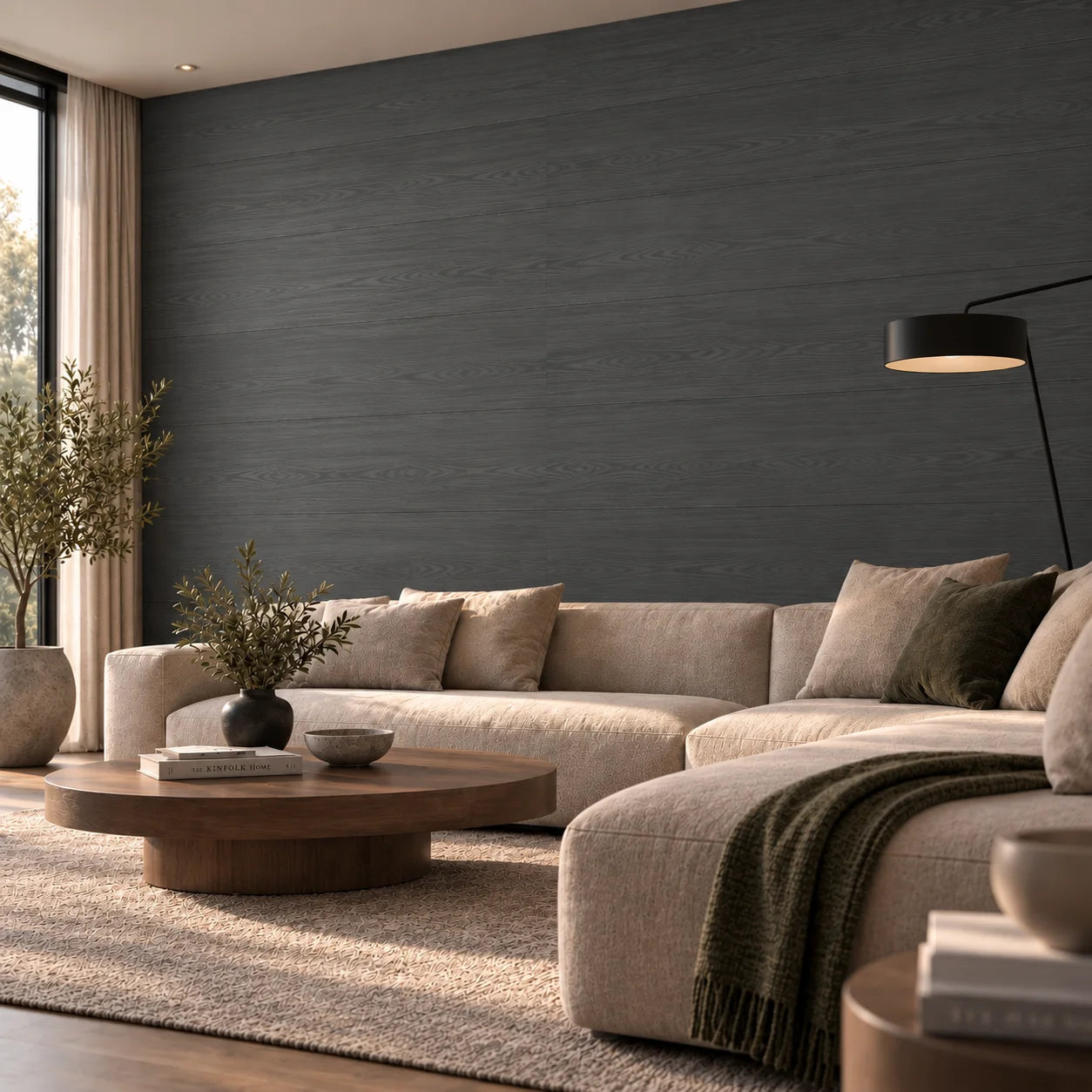 Wood Carbon wall panels in a modern living room – angled view with dark wood finish