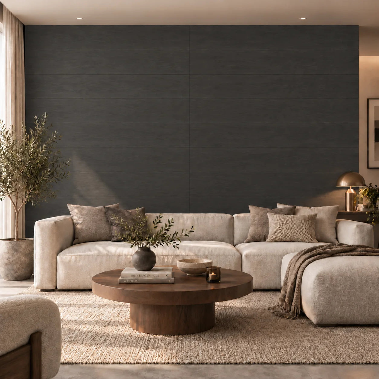 Wood Carbon decorative wall panels – front view in a contemporary living room