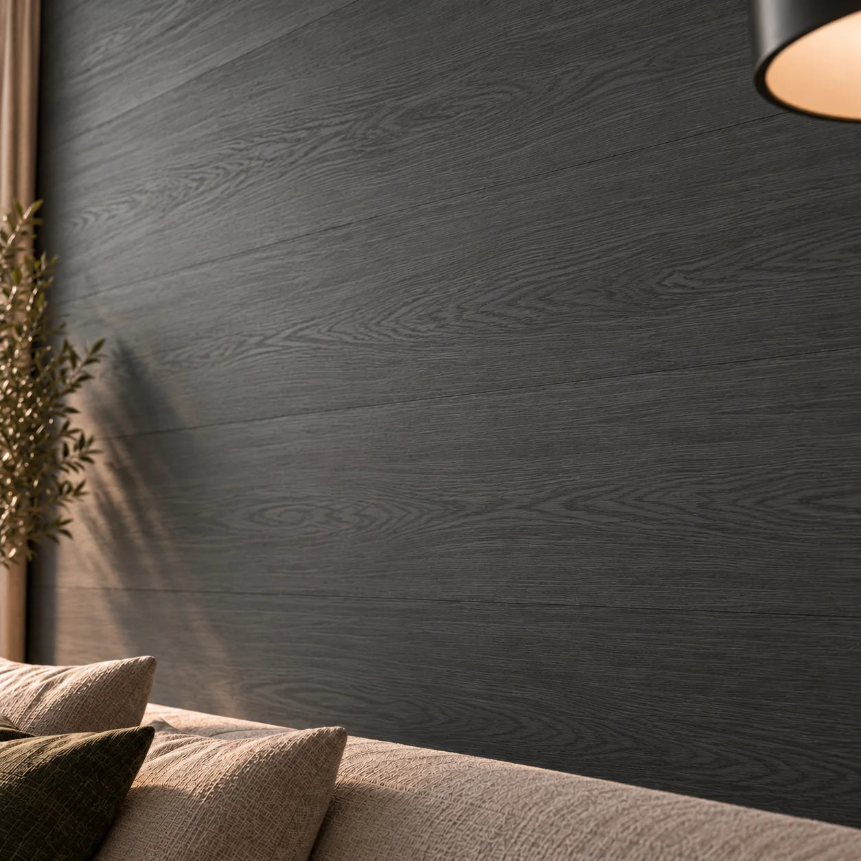 Wood Carbon wall panels in a modern living room – close-up of dark wood texture