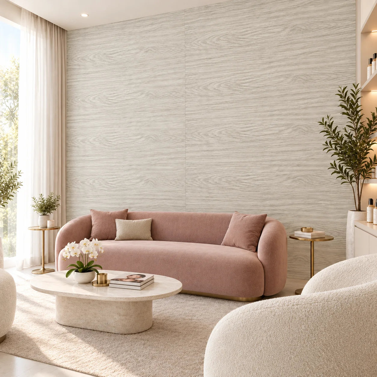 Angled view of Wood Snowy wall panels in a beauty salon waiting area with a blush pink sofa