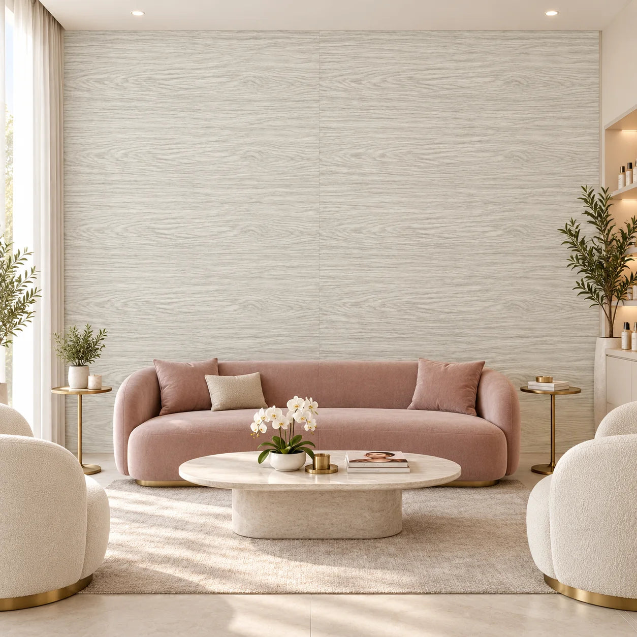 Front view of Wood Snowy wall panels behind a pink sofa and cream armchairs in a beauty salon waiting area