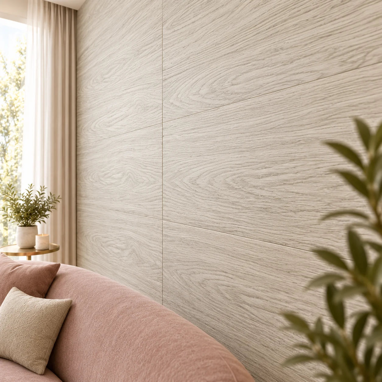 Close-up of Wood Snowy wall panels showing pale wood grain texture and subtle joints above a pink sofa.