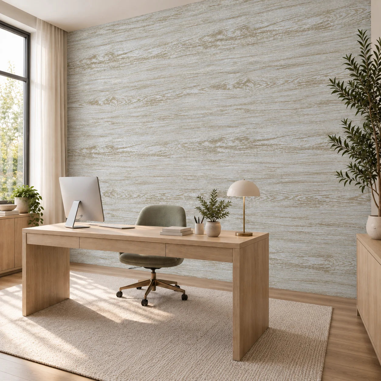 Angled view of Wood Vintage wall panels behind a wooden desk in a bright home office