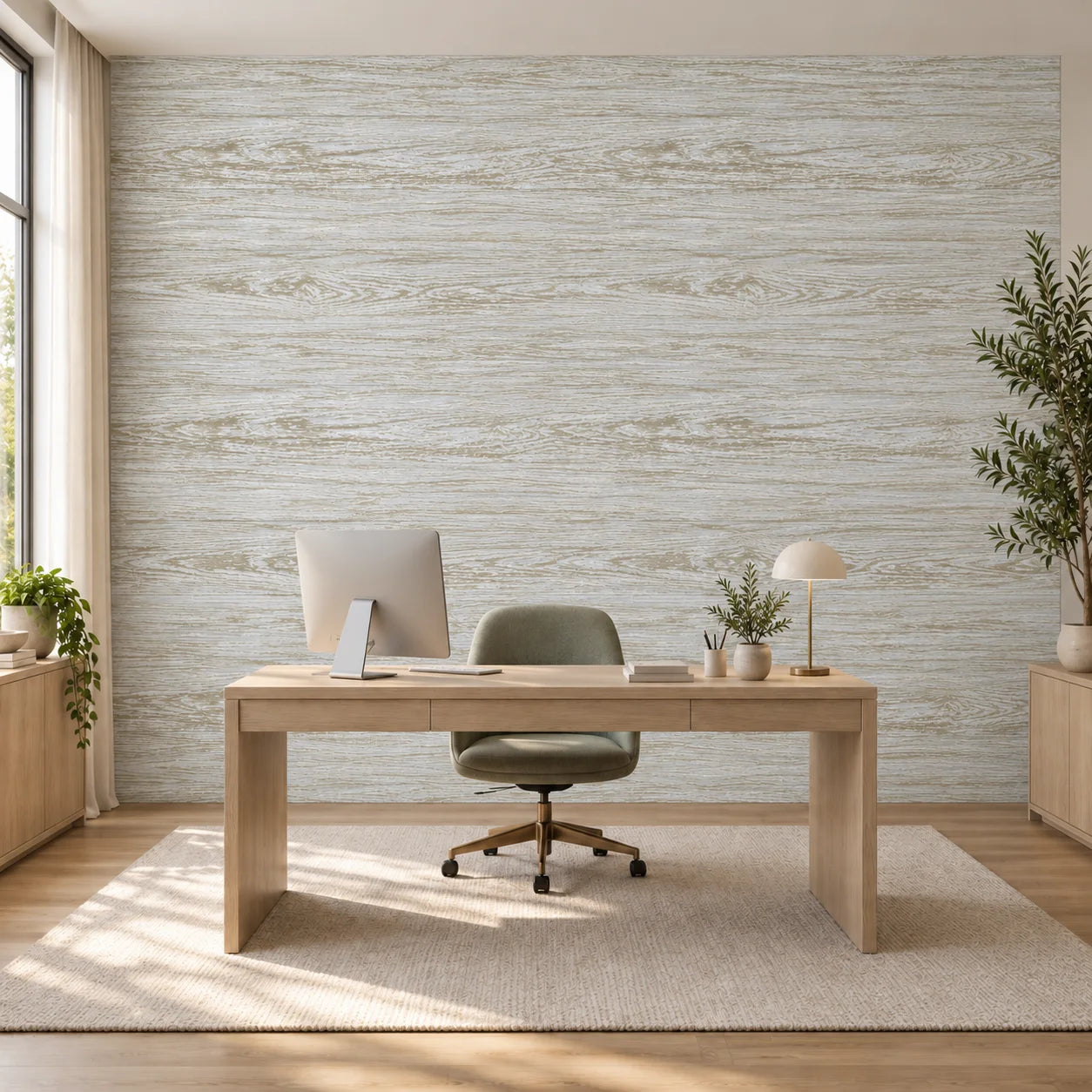 Front view of a home office featuring whitewashed Wood Vintage wall panels and a light wooden desk