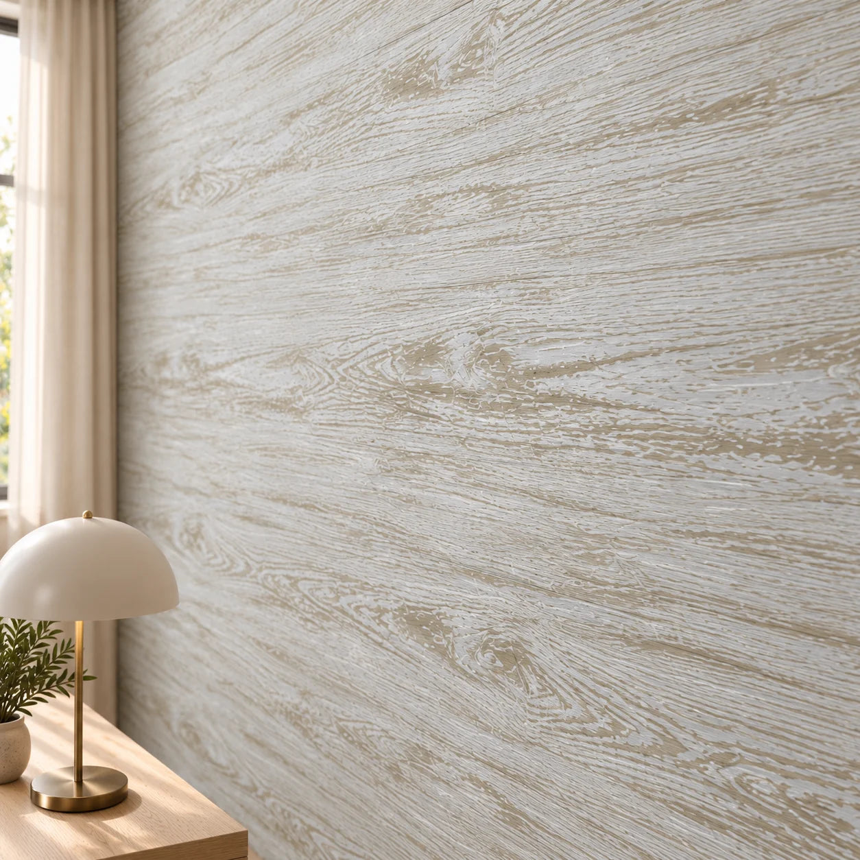 Close-up of Wood Vintage wall panels showing whitewashed grain and beige detailing beside a brass desk lamp