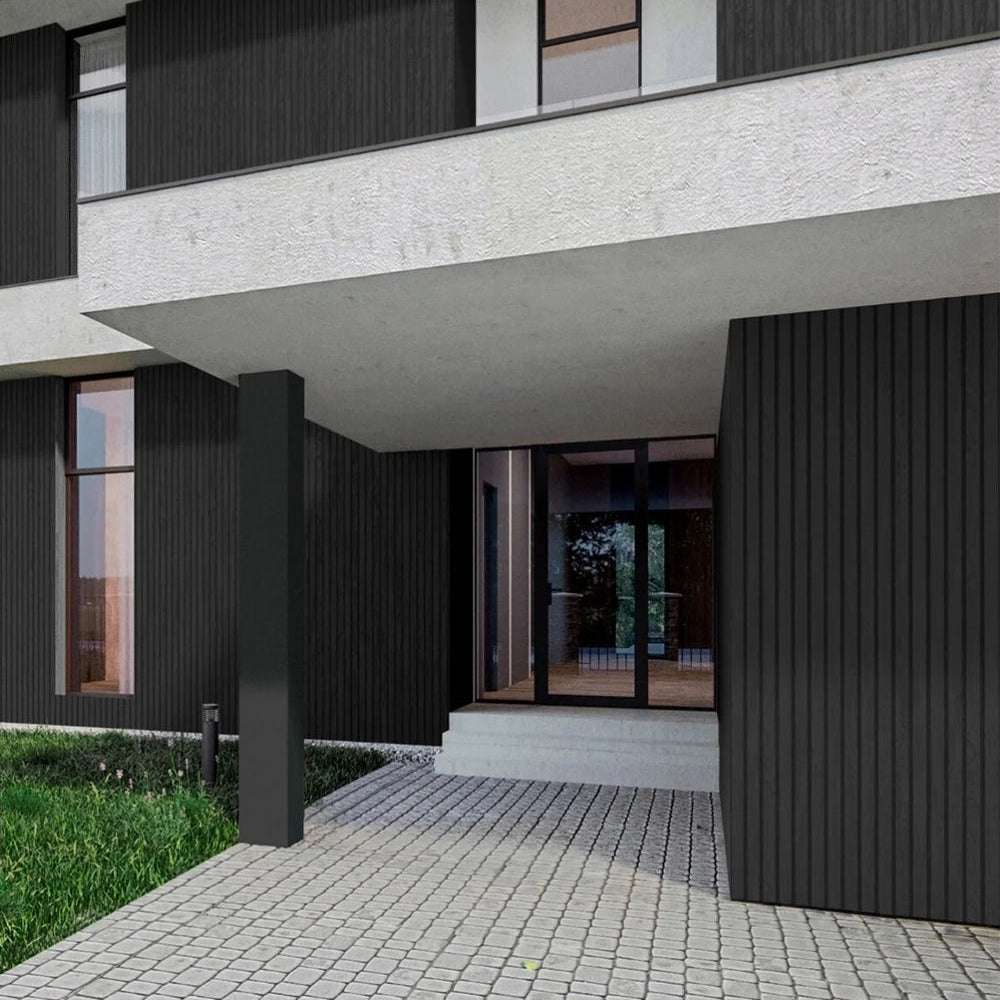 Wood Texture Flexible Wall Panels LINE GRAPHITE on contemporary house elevation DecorMania UK