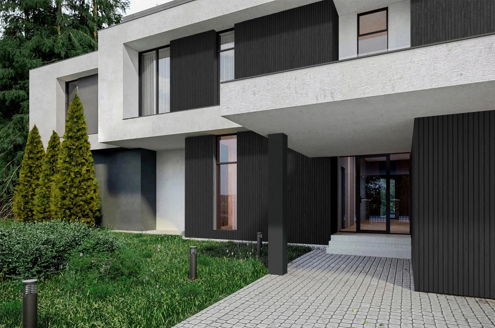 Wood Texture Flexible Wall Panels LINE GRAPHITE on house front elevation DecorMania UK