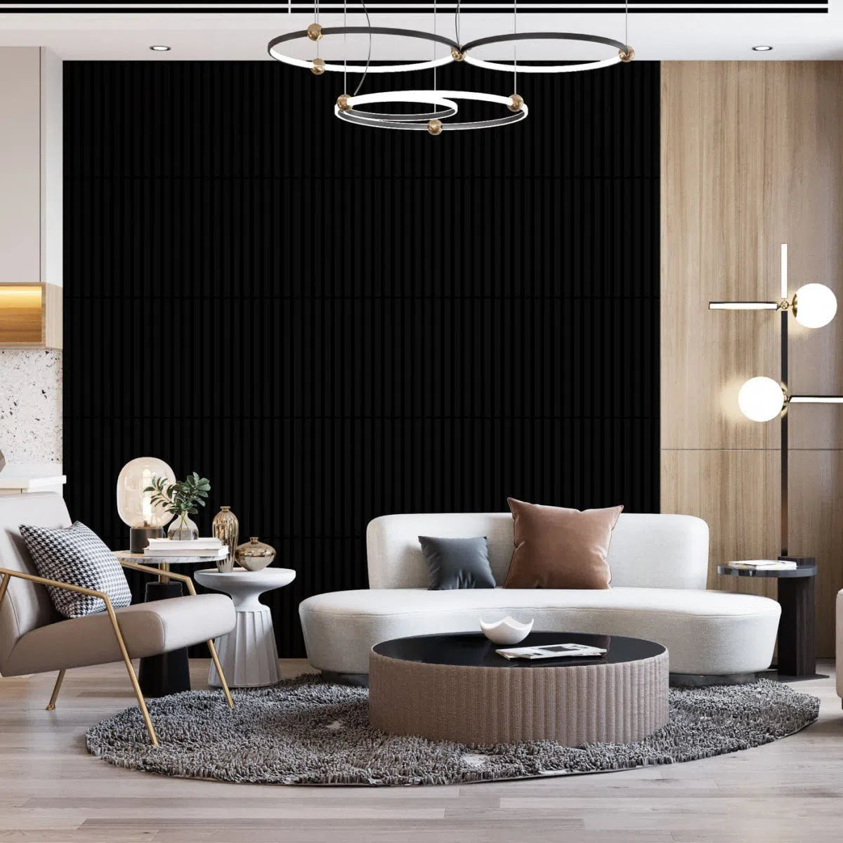 Wooden Acoustic Panels - BLACK Wall Slats living room feature wall DecorMania UK