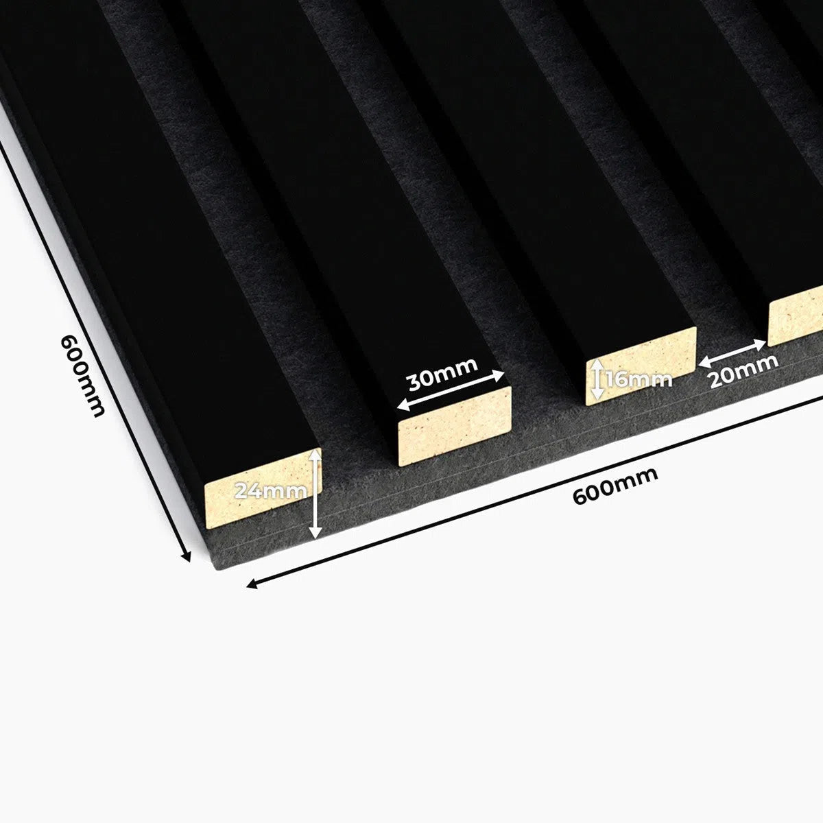 Wooden Acoustic Panels - BLACK Wall Slats dimensions on white background DecorMania UK