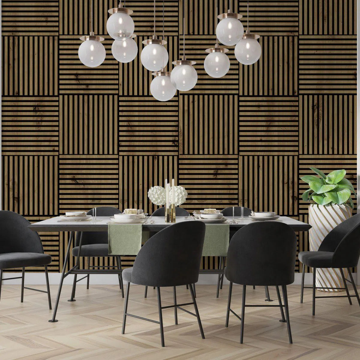 Wooden Acoustic Panels - EUROPEAN OAK Wall Slats in dining room interior DecorMania UK