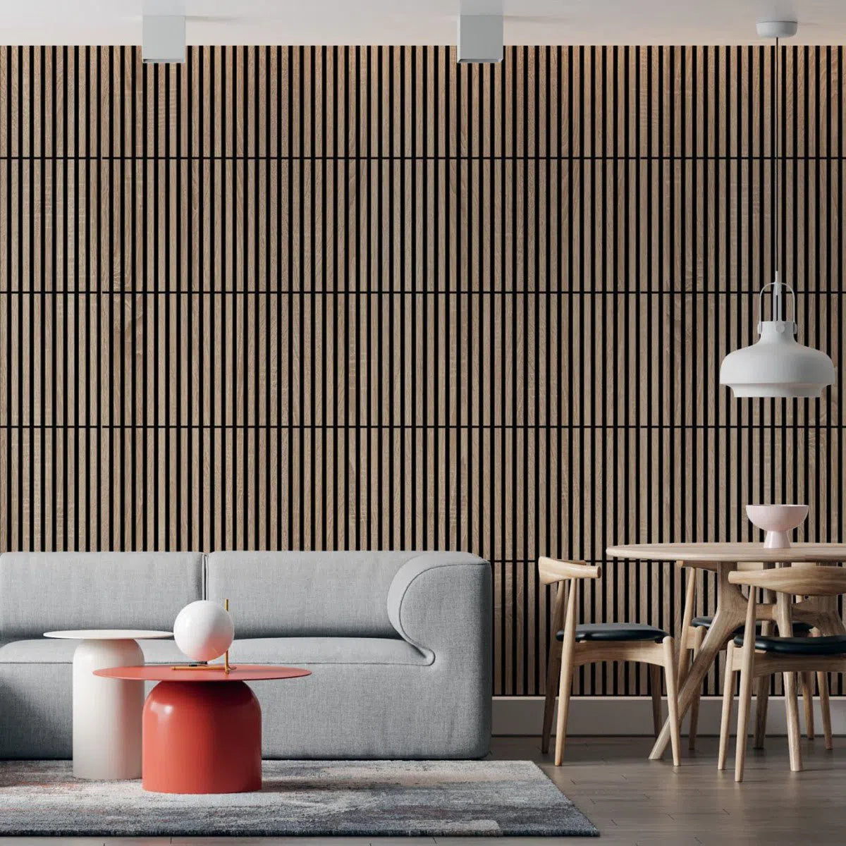 Wooden Acoustic Panels - GREY OAK Wall Slats feature wall in living room interior DecorMania UK