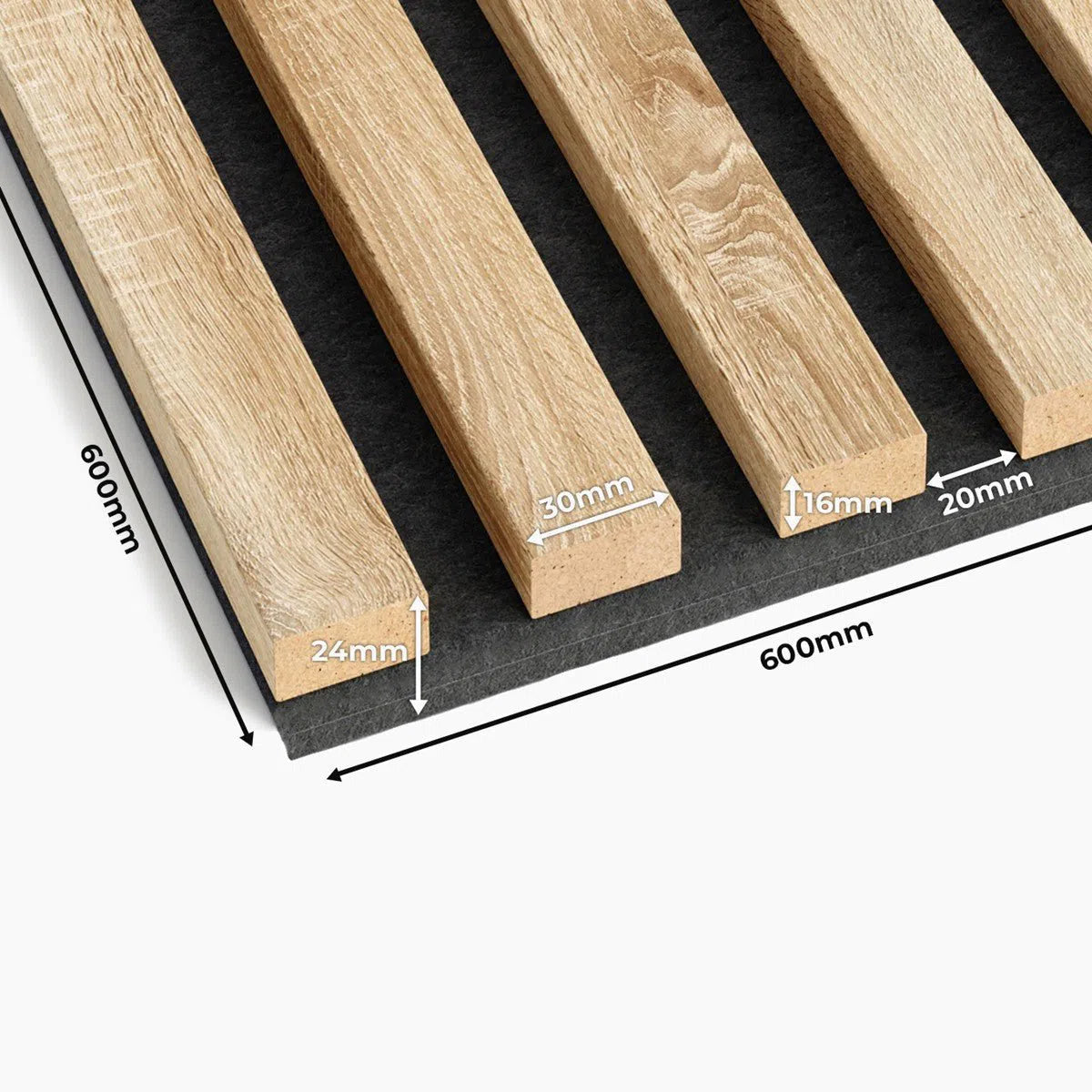 Wooden Acoustic Panels - GREY OAK Wall Slats details on white background DecorMania UK