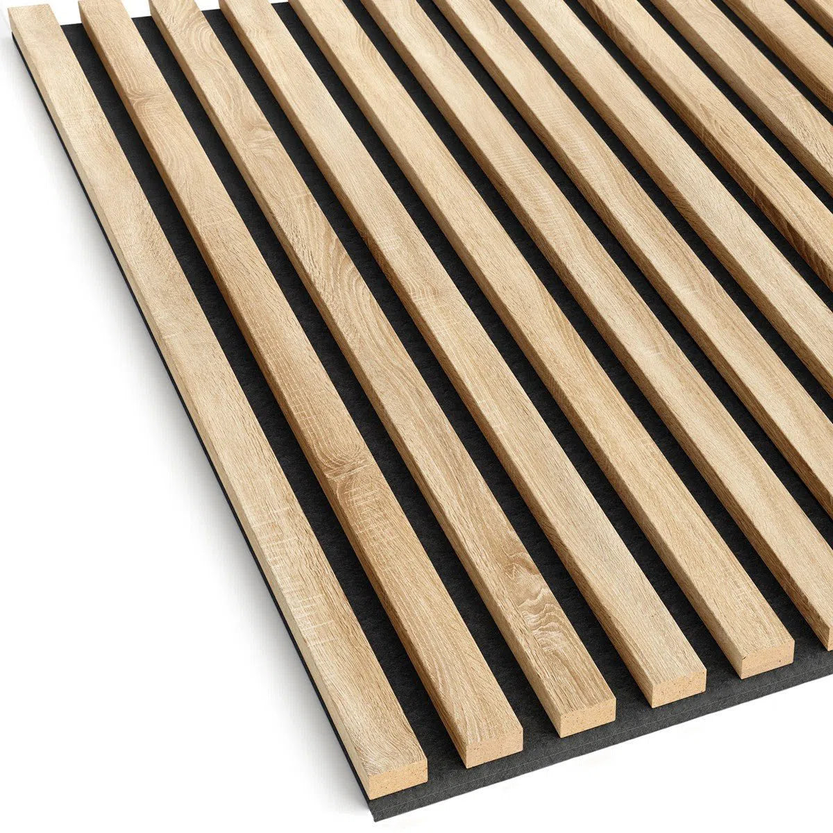 Wooden Acoustic Panels - GREY OAK Wall Slats closeup on white background DecorMania UK