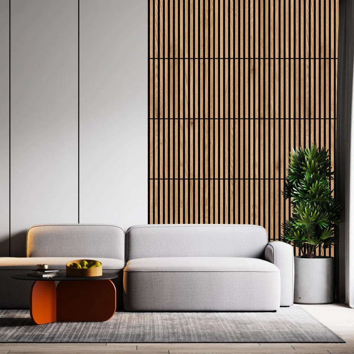 Wooden Acoustic Panels - NATURAL OAK Wall Slats in modern interior DecorMania UK