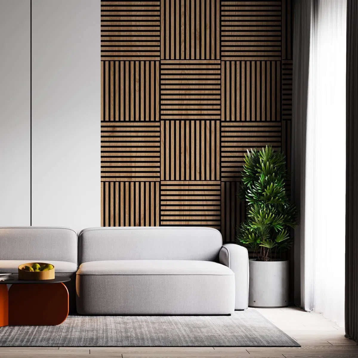 Wooden Acoustic Panels - NATURAL OAK Wall Slats in modern living room interior DecorMania UK