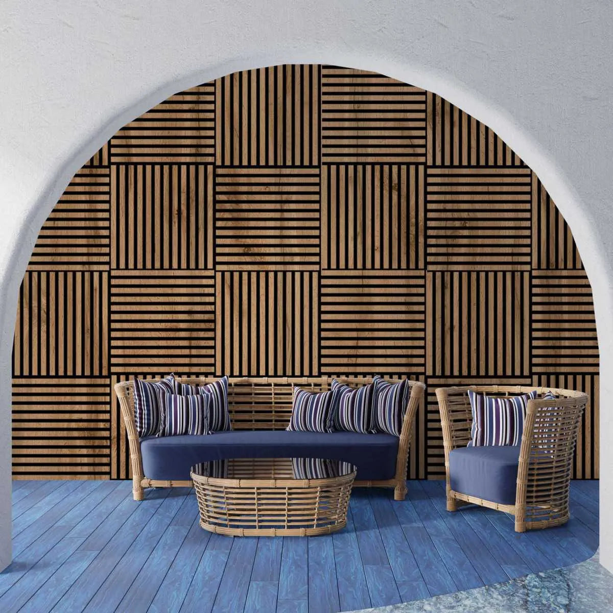 Wooden Acoustic Panels - RUSTIC OAK Wall Slats in living room interior DecorMania UK