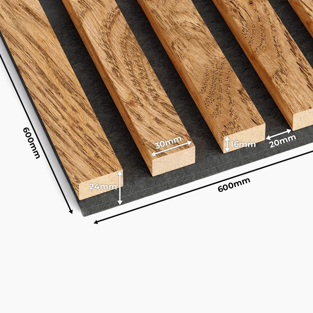 Wooden Acoustic Panels - VENEERED OAK Wall Slats details on white background DecorMania UK