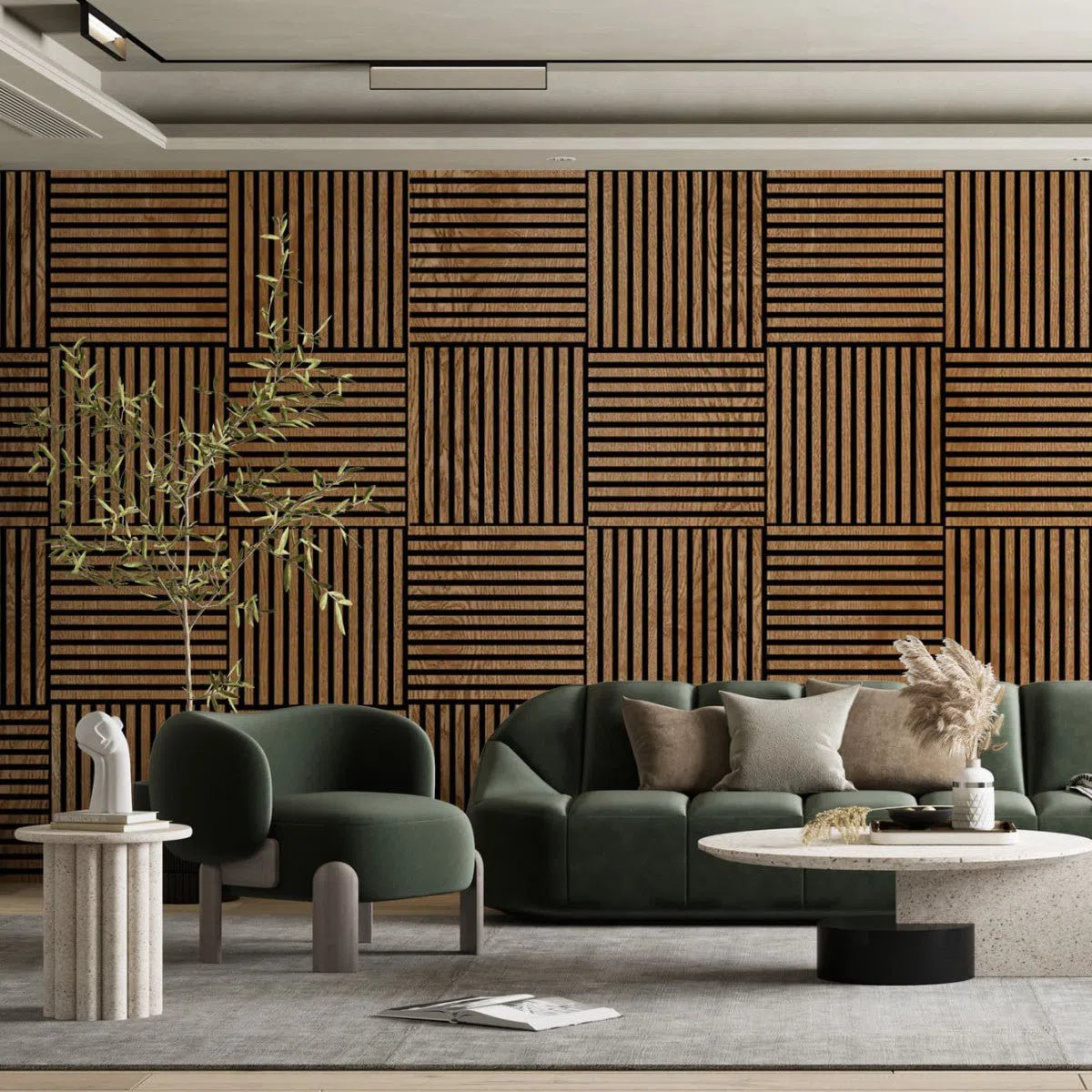 Wooden Acoustic Panels - VENEERED OAK Wall Slats in living room interior DecorMania UK