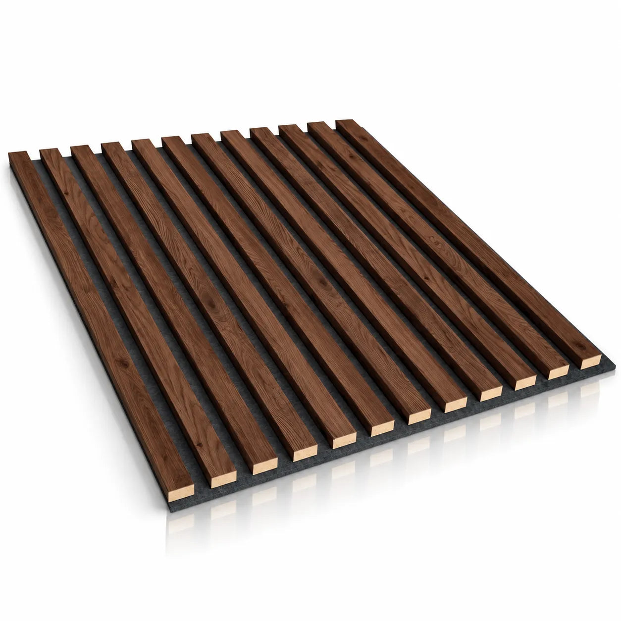 Walnut acoustic wall panel on white background with subtle shadow and reflection