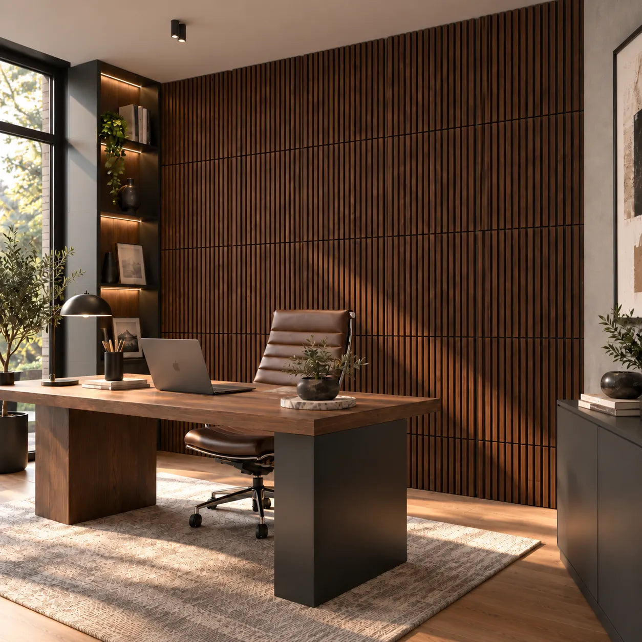 Walnut acoustic wall panels in a modern home office with wooden desk, leather chair and warm ambient lighting