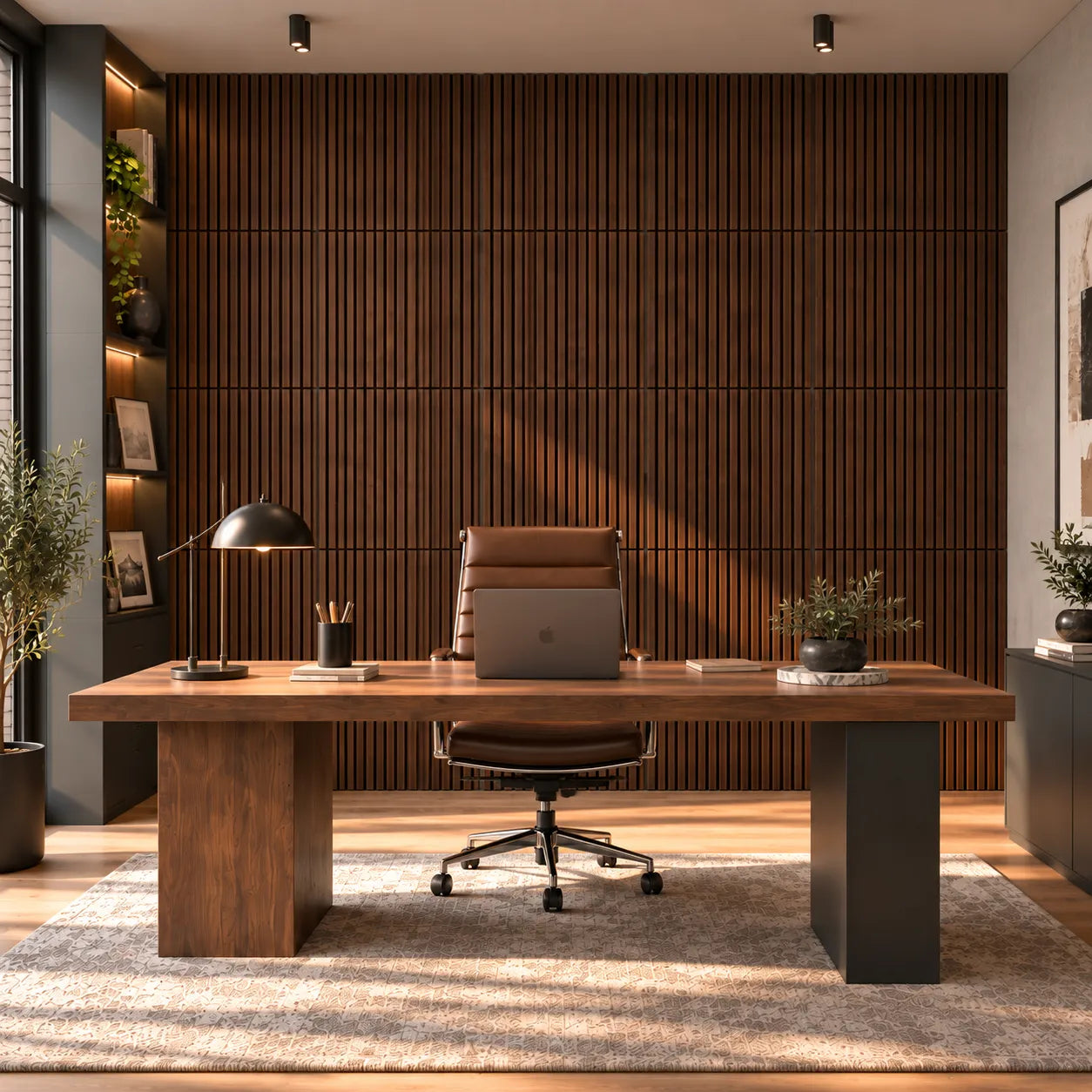 Front view of walnut acoustic wall panels in a luxury home office with symmetrical desk setup