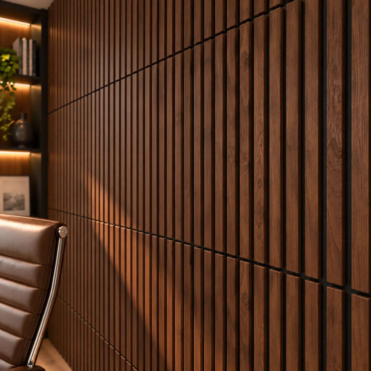 Close up of walnut acoustic wall panels showing wooden slats, dark felt backing and detailed wood texture