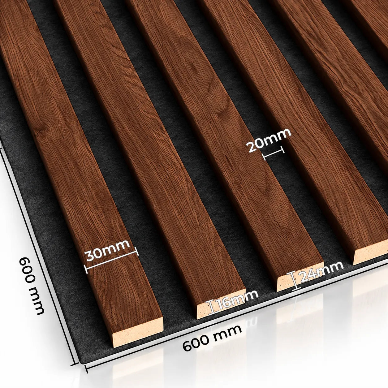 Walnut acoustic wall panel with dimensions showing 30 mm slats, 20 mm spacing and 600 x 600 mm size