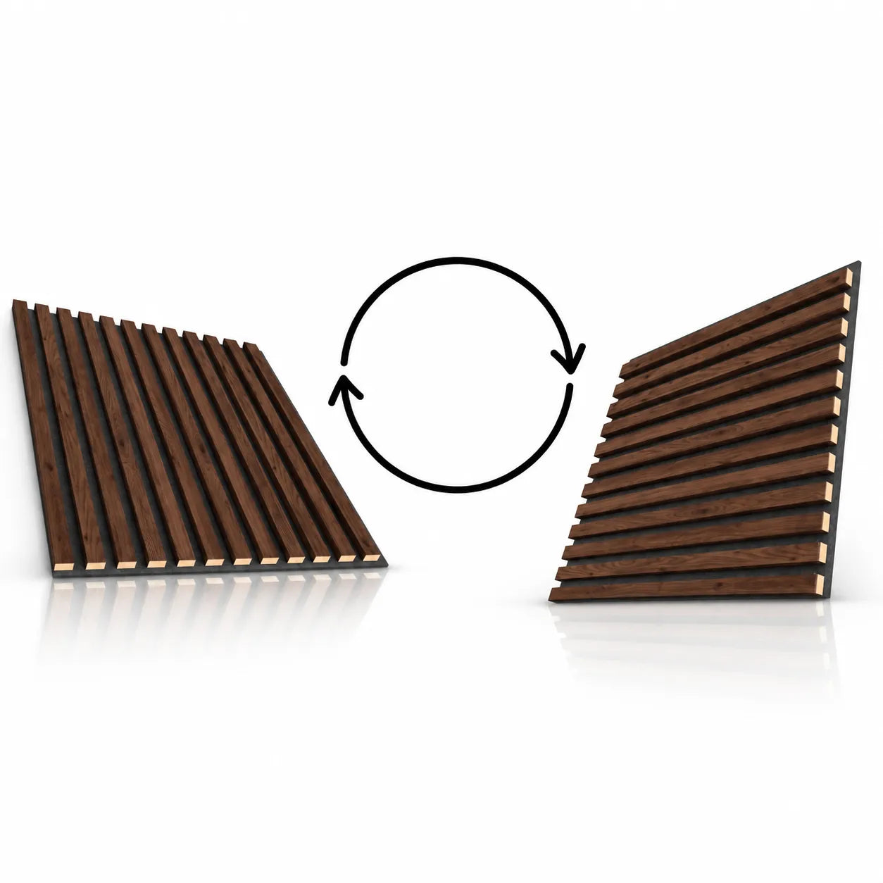 Walnut acoustic panel shown in two orientations with rotation arrows