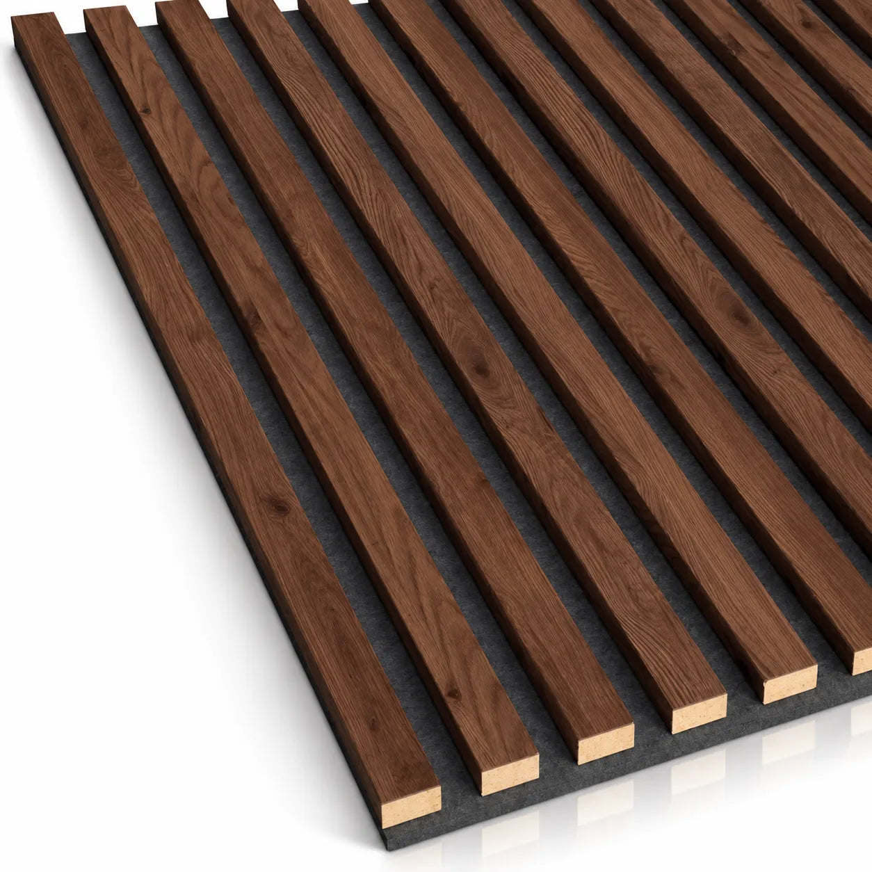 Close up of walnut acoustic wall panel with wooden slats mounted on dark felt backing