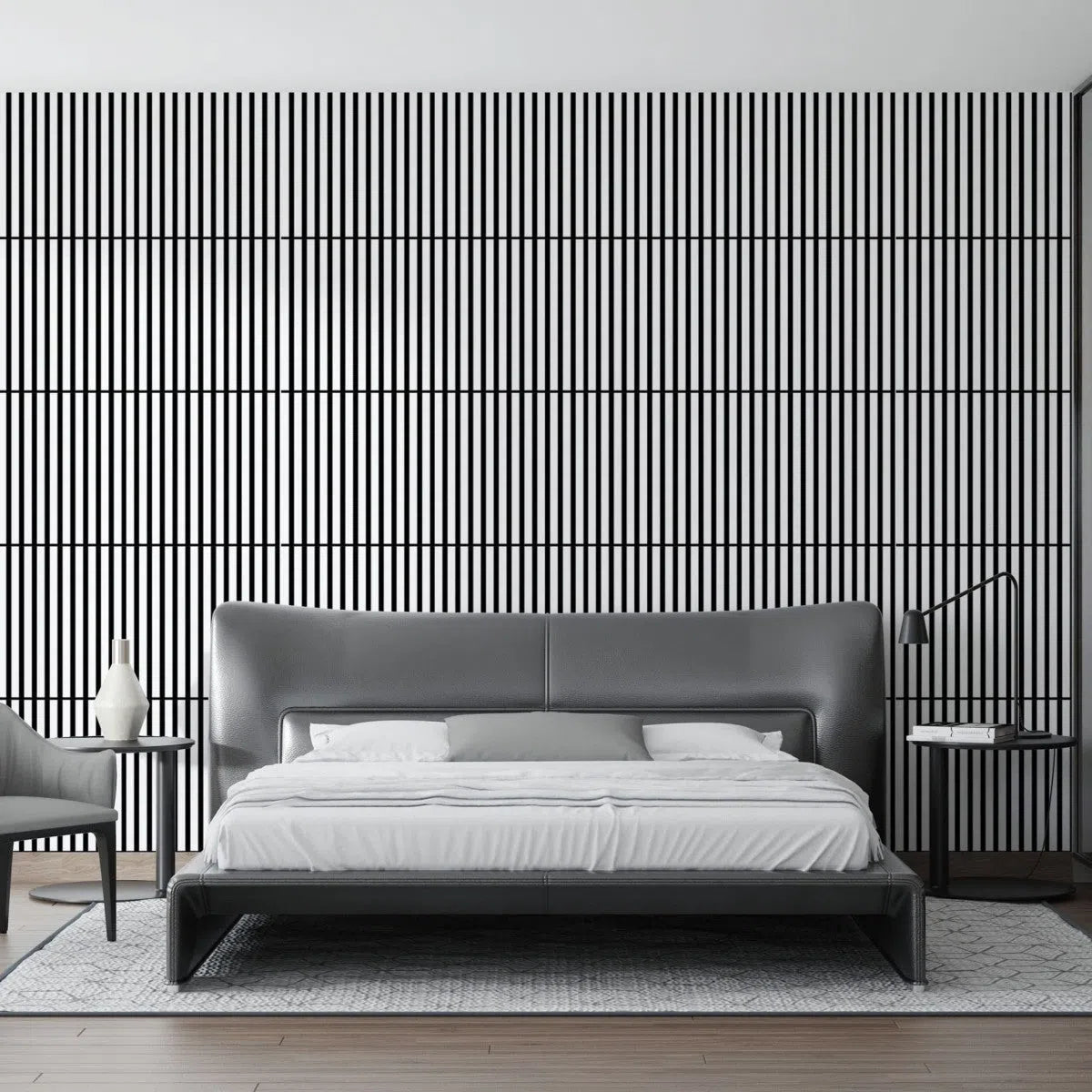 Wooden Acoustic Panels - WHITE Wall Slats feature wall in bedrom interior DecorMania UK