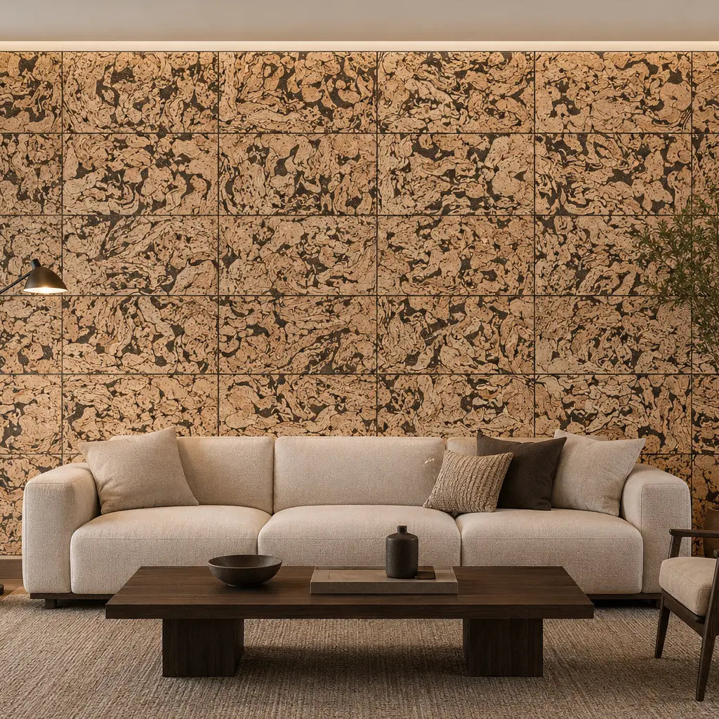 ZEBRA acoustic cork wall panels with a bold natural pattern in a modern living room with a cream sofa and dark wooden furniture front view