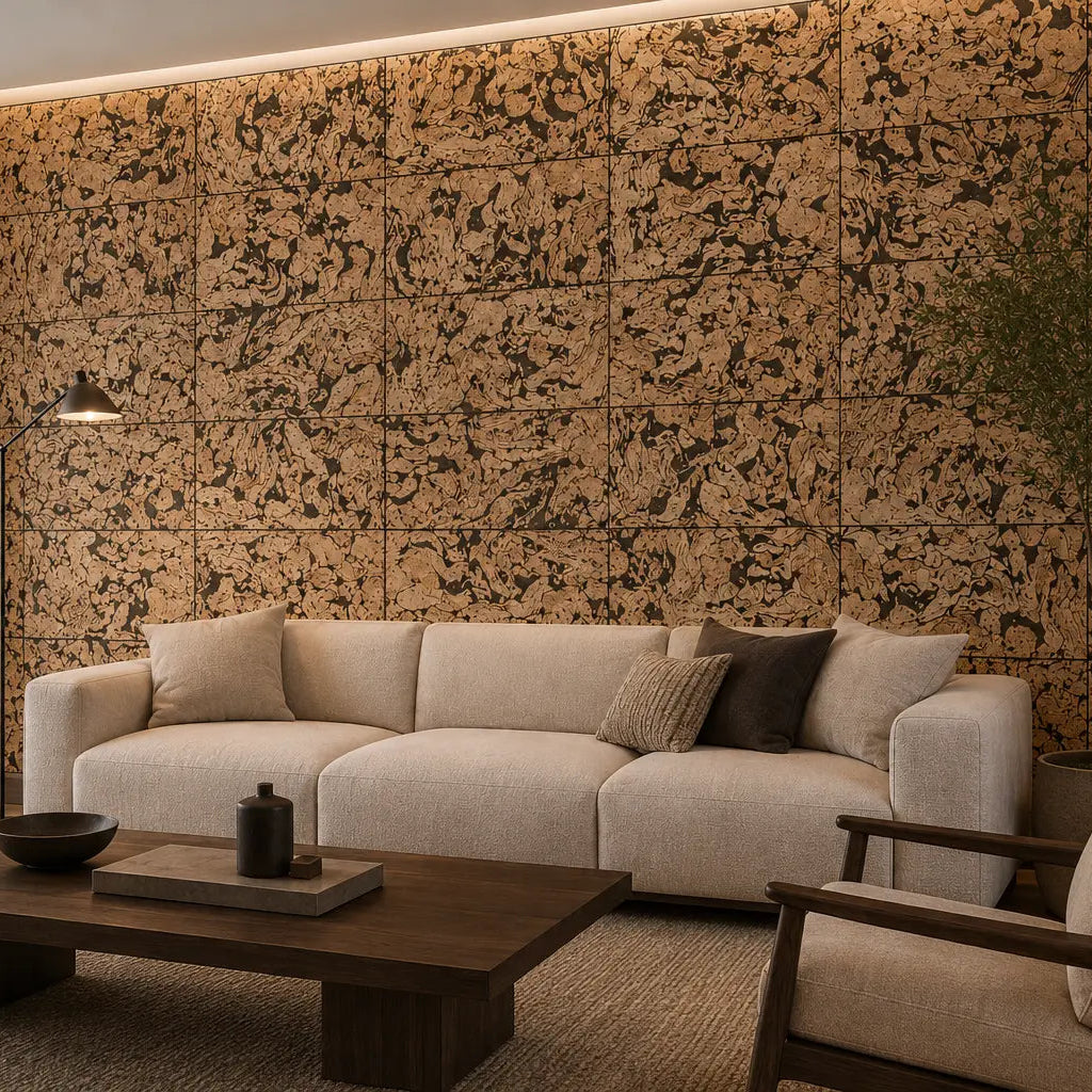ZEBRA acoustic cork wall panels with a bold natural pattern in a modern living room with a cream sofa and dark wooden furniture side view