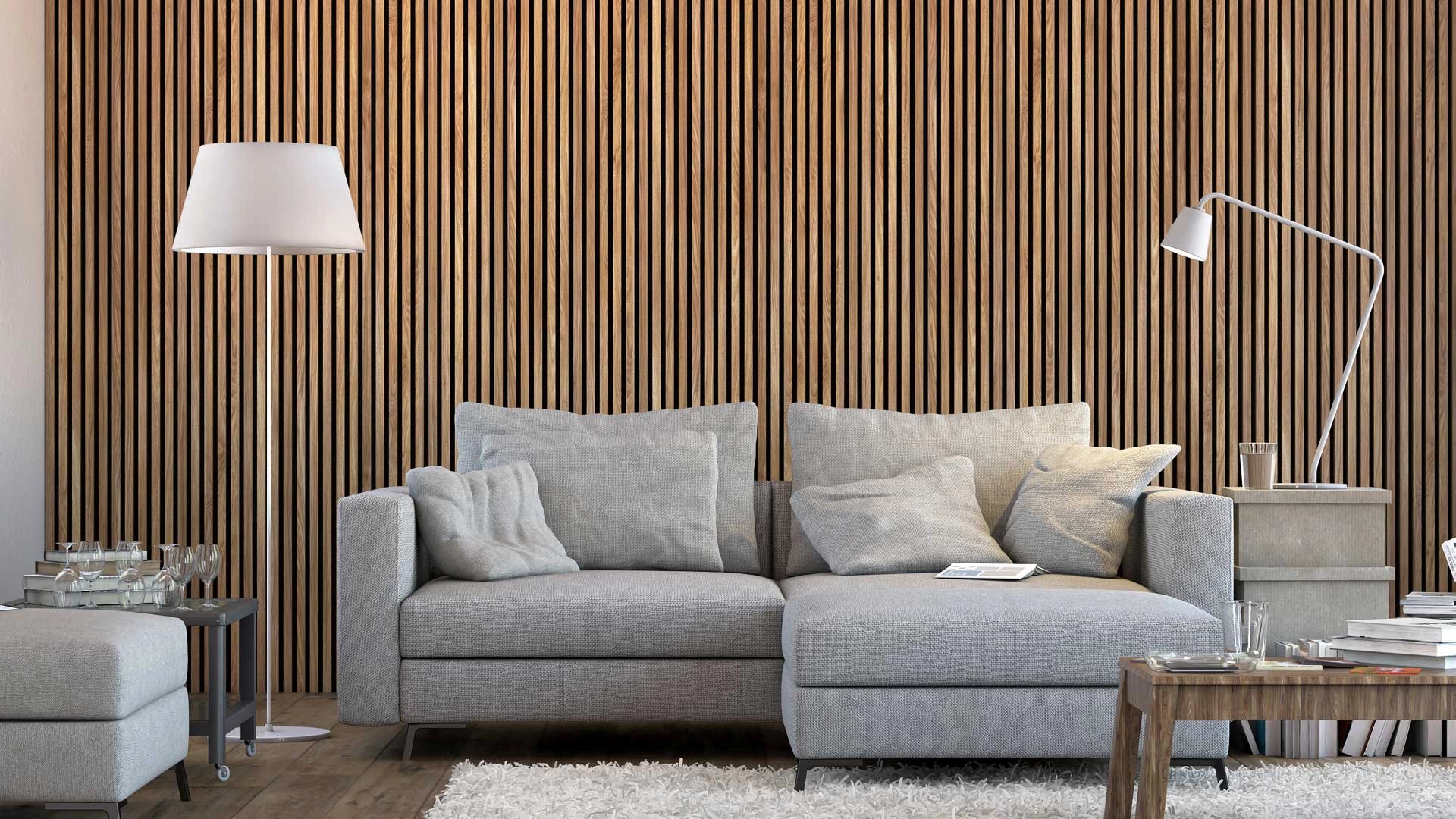 acoustic wood slat wall panel before white wall with couch