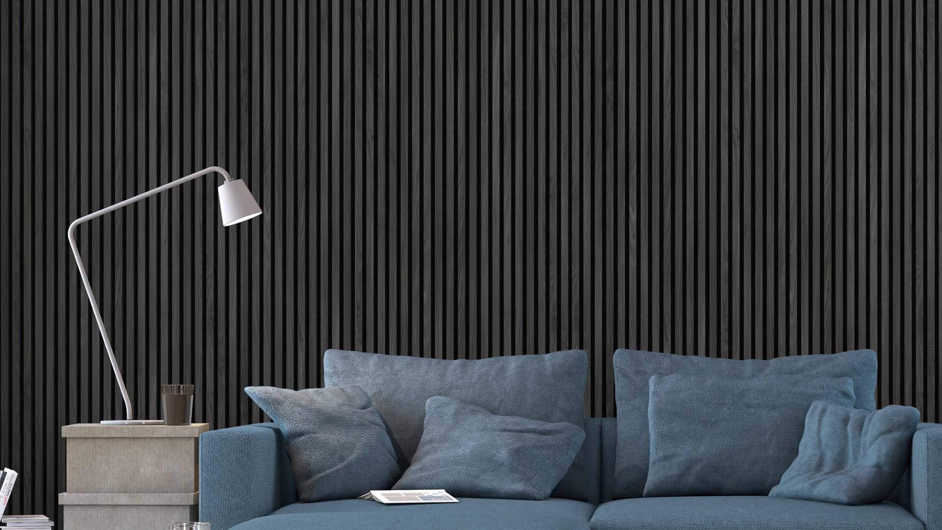 Black wall with Acoustic wood slat wall panelling long textured panels in living room interior Decormania UK