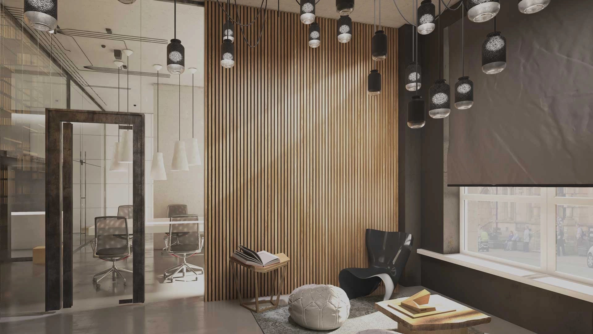 Black wall with Acoustic wood slat wall panelling long textured panels office interior Decormania UK