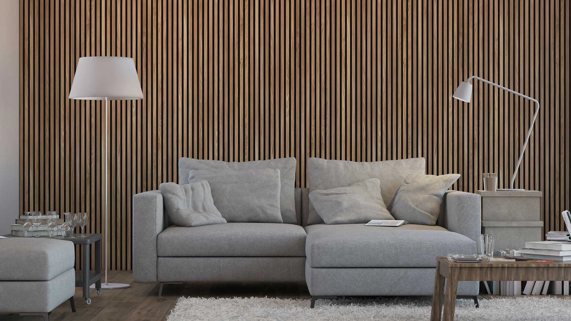 Natural Oak Black Wood Slat Wall Panelling in cozy living room interior 300x60 cm DecorMania UK