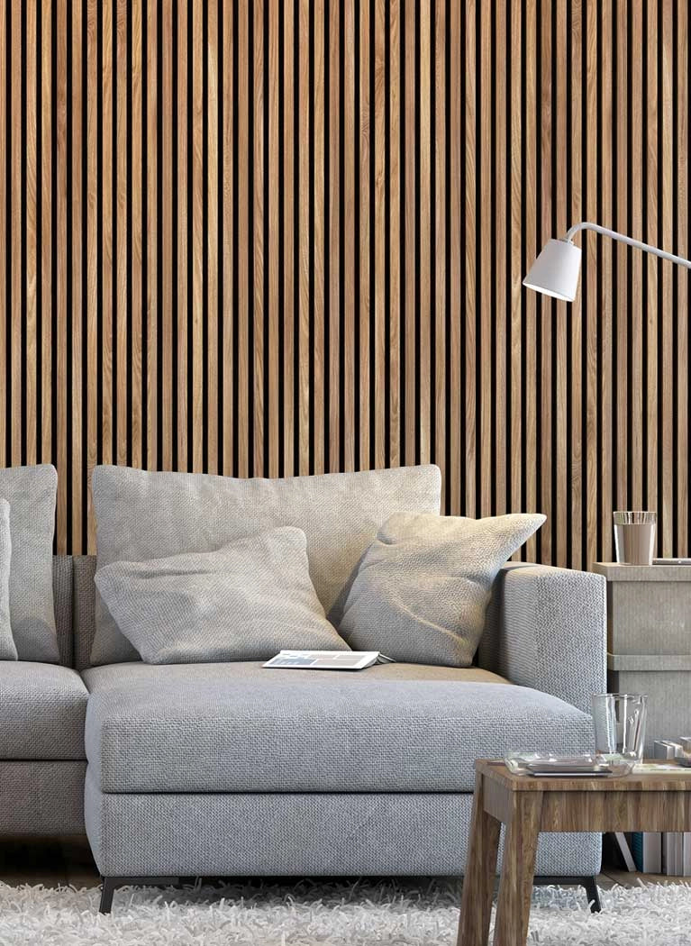 Natural Oak Black Wood Slat Wall Panelling in cozy living room interior 300x60 cm DecorMania UK