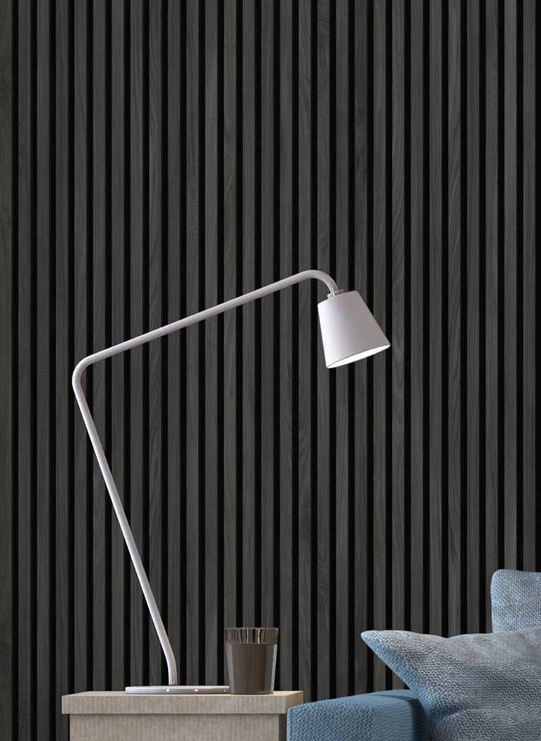 Black wall with Acoustic wood slat wall panelling long textured panels in living room interior Decormania UK