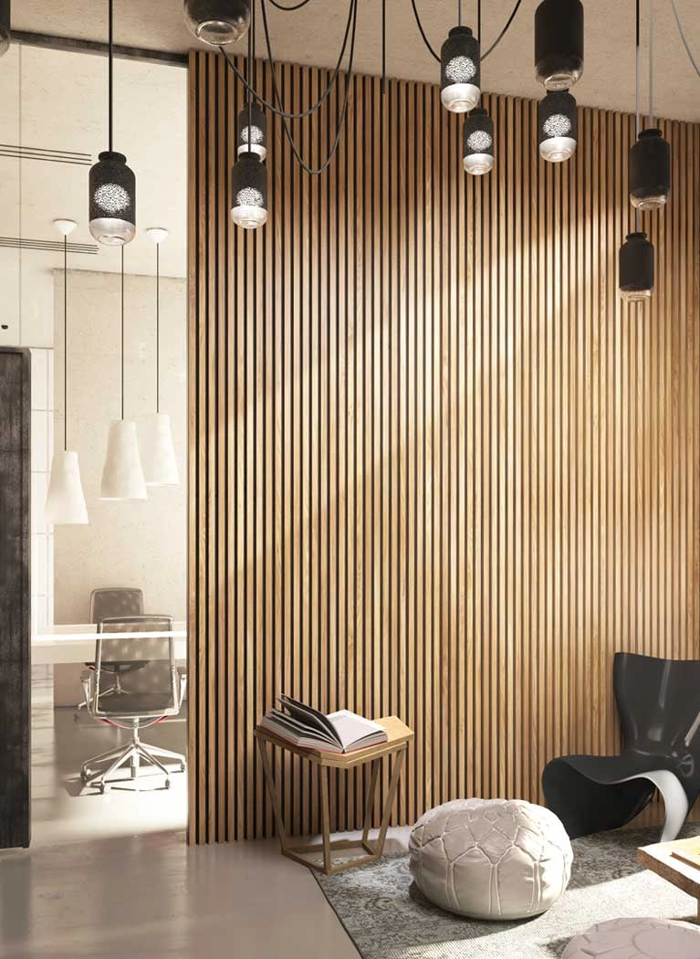 Black wall with Acoustic wood slat wall panelling long textured panels office interior Decormania UK