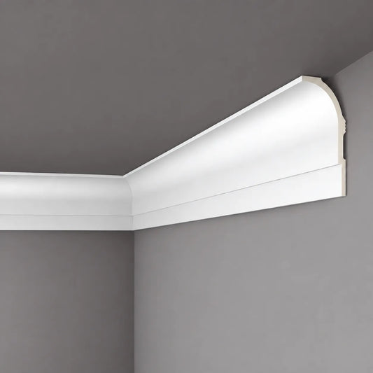 White AD22 ARSTYL curtain coving concealing curtain tracks in a grey room