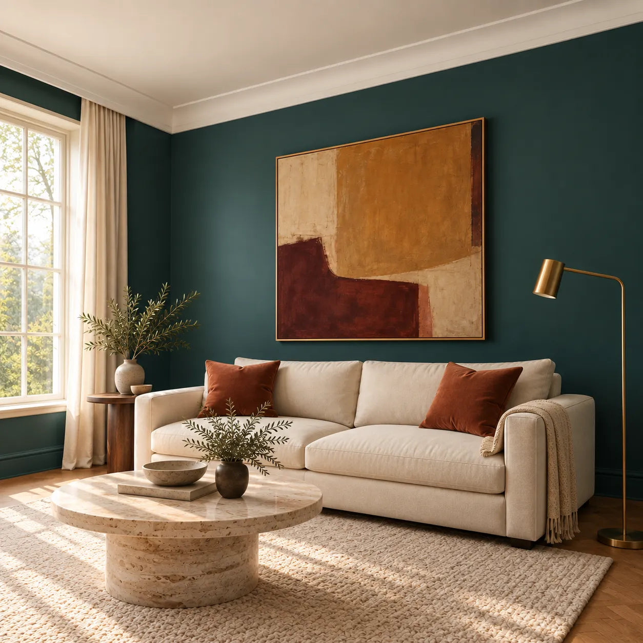 Angled view of white AD22 ARSTYL ceiling coving in a teal living room with terracotta accents