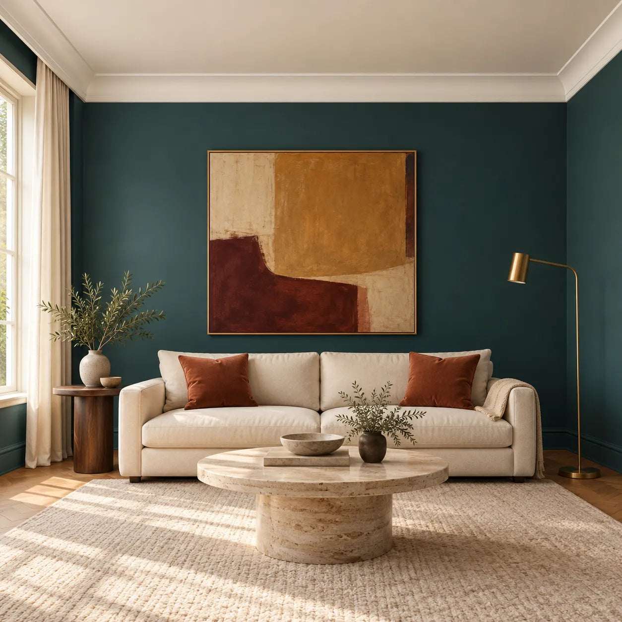 Front view of white AD22 ARSTYL ceiling coving in a teal living room with a cream sofa
