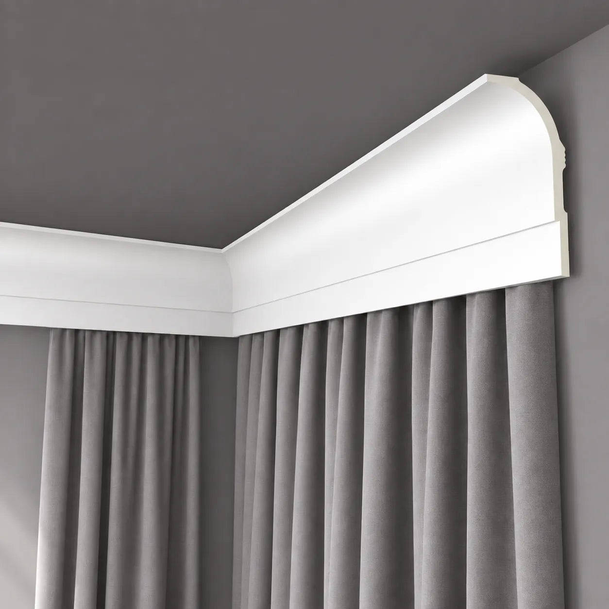 White AD22 ARSTYL ceiling coving with a curved profile and corner joint against grey walls