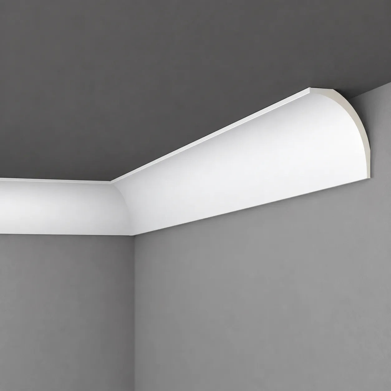 White AD24 ARSTYL ceiling coving showing its smooth curved profile and corner joint against grey walls