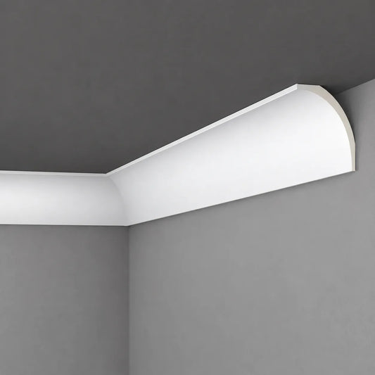 White AD24 ARSTYL ceiling coving showing its smooth curved profile and corner joint against grey walls