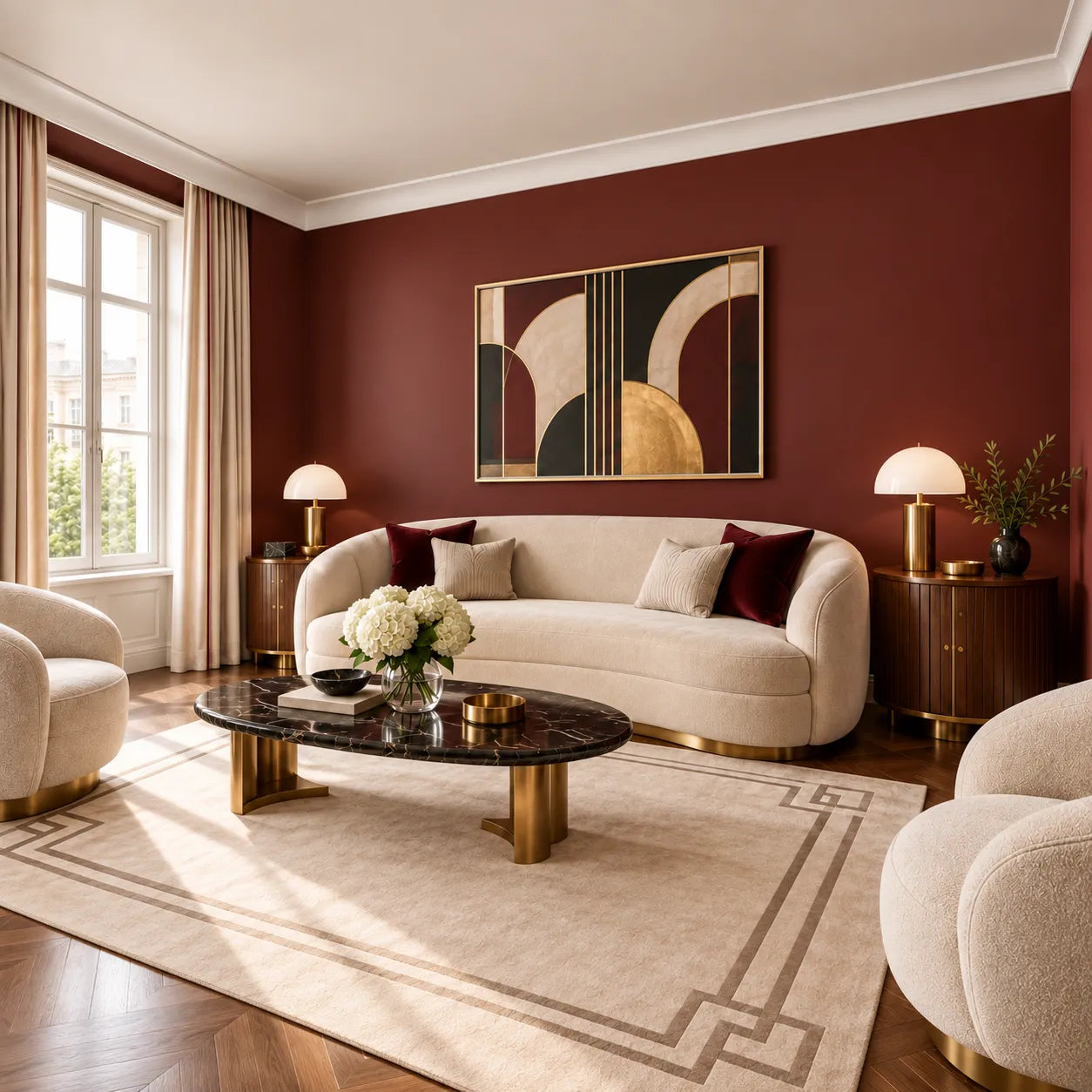 White AD24 ARSTYL ceiling coving in a burgundy Art Deco living room, viewed at an angle