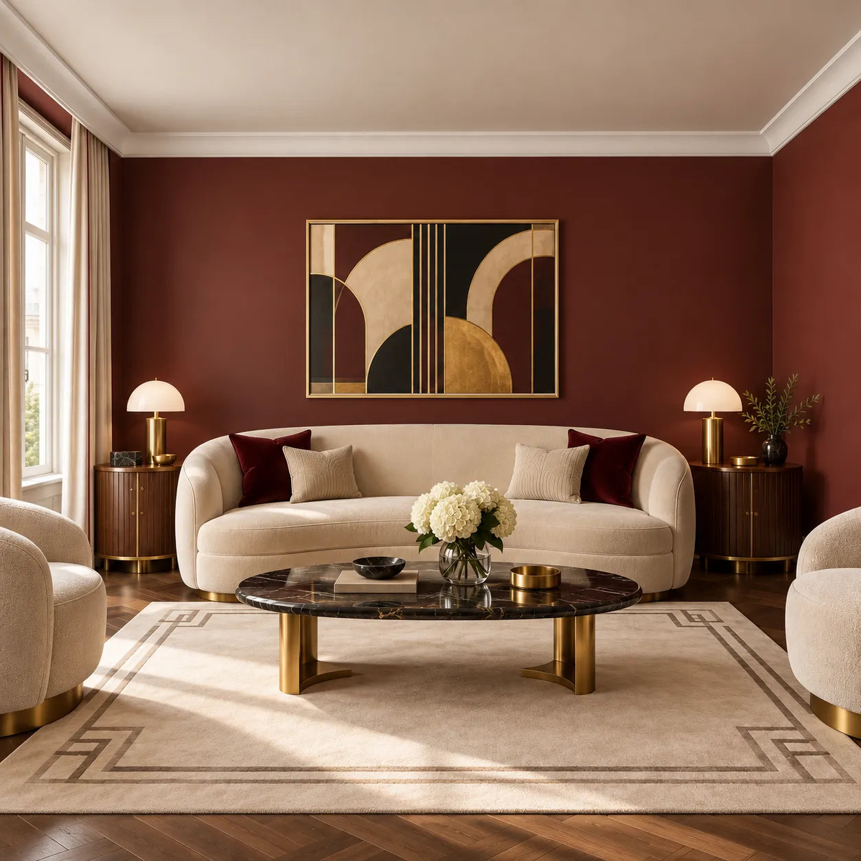 Front view of white AD24 ARSTYL ceiling coving above a cream sofa in an Art Deco living room