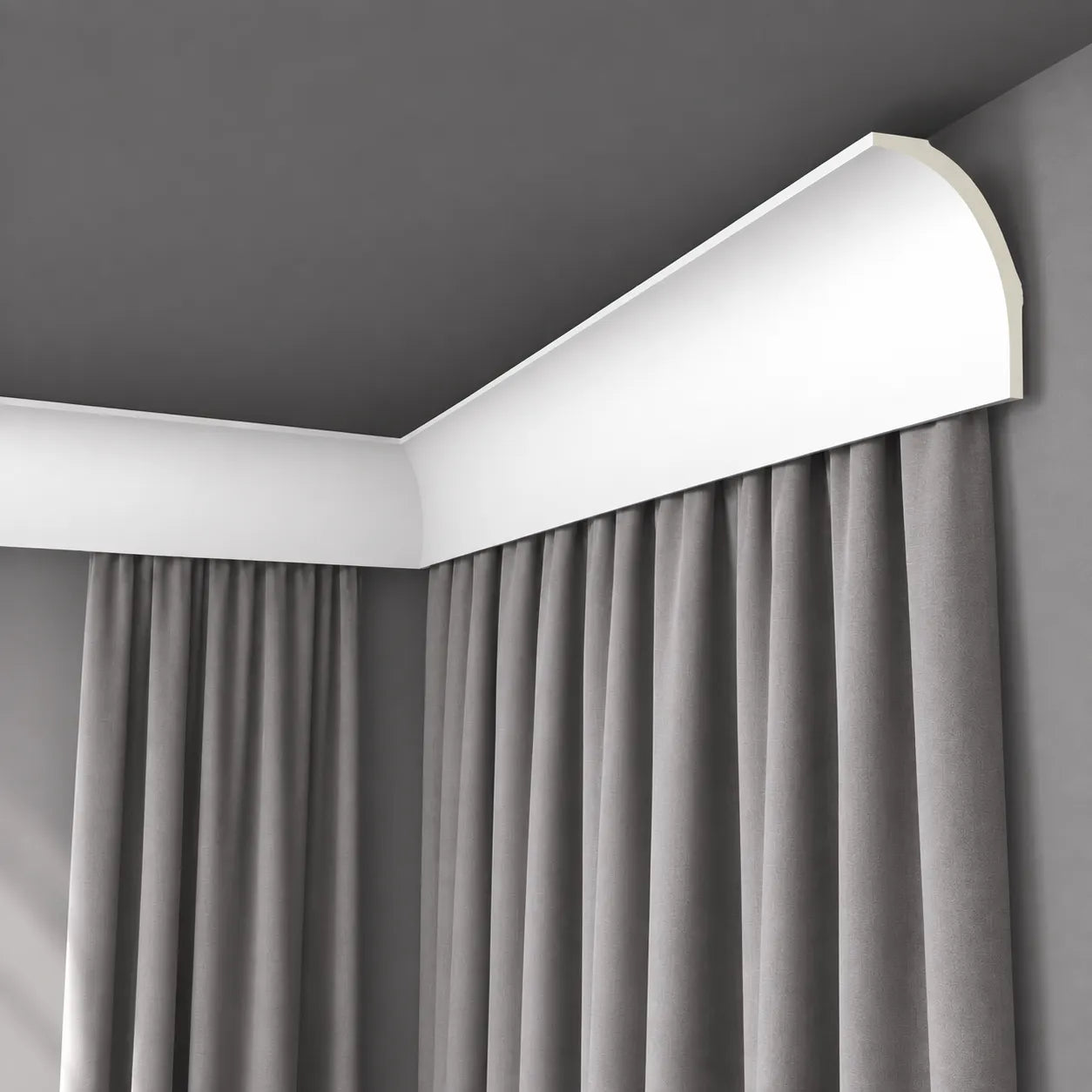 White AD24 ARSTYL curtain coving concealing curtain tracks above grey curtains